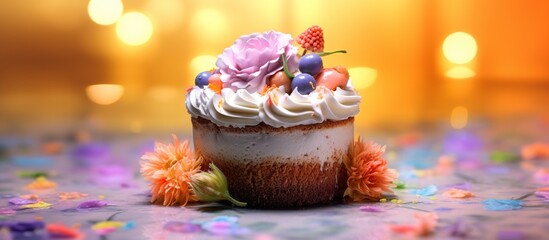 illustration of a cake with soft cream and beautiful fresh fruit decoration on a garden background - obrazy, fototapety, plakaty