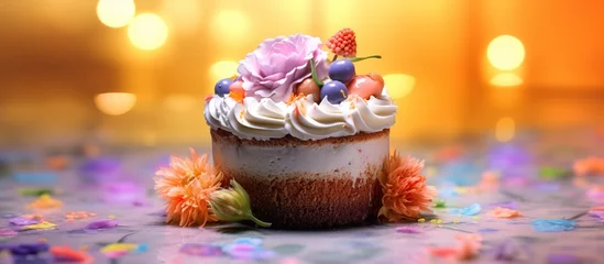 Muurstickers illustration of a cake with soft cream and beautiful fresh fruit decoration on a garden background © aulia