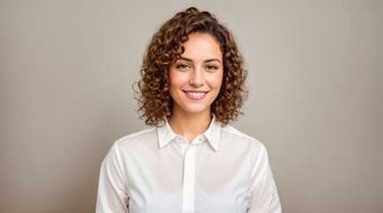 Cheerful woman with curly hair dressed in white shirt amidst plain background 