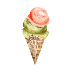 Ice cream watercolor illustration. Hand drawn sweet ice in waffle cone with two ice balls , pistachio and strawberry taste. Summer food for product, packing design.