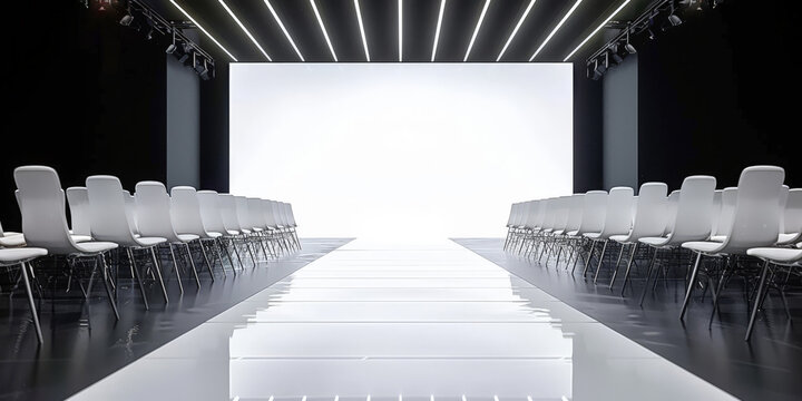 an empty runway with white chairs and white blank space background