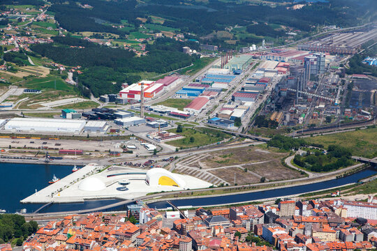 Aerial view of Aviles, industrial area, estuary and Niemeyer center