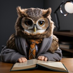 Craft a pensive owl with glasses and a book on a white backdrop