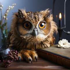 Craft a pensive owl with glasses and a book on a white backdrop