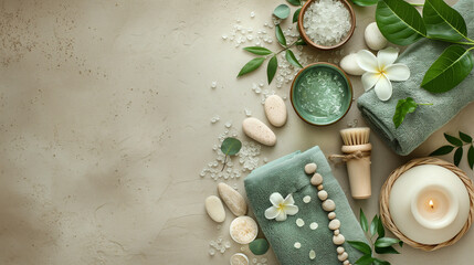 Elegant Spa Set Up with Natural Elements and Textures, Elegant spa setting with natural elements for a serene beauty routine, spa composition 