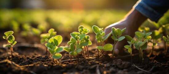Cropped image of farmer's hand touching soybean seedlings in the field
