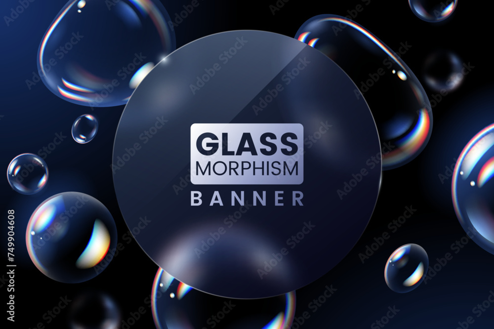 Poster Abstract background in glassmorphism style. Round shape with glass overlay effect isolated on a background of transparent soap bubbles. Ideal for banner, web, poster, ad. Vector illustration.