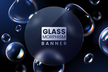 Abstract background in glassmorphism style. Round shape with glass overlay effect isolated on a background of transparent soap bubbles. Ideal for banner, web, poster, ad. Vector illustration.