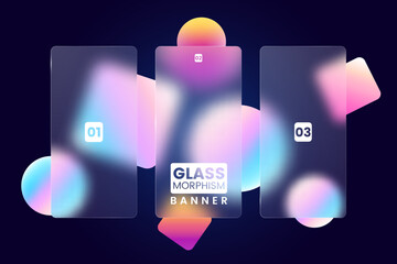 Three transparent text blocks in glassmorphism style. Empty vertical text boxes with glass overlay effect on abstract background. Ideal for infographics, web, presentation. Vector illustration.