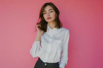 Fototapeta premium beautiful young woman in shirt with pastel pink background