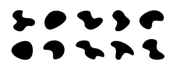 Set of black random shapes. Random blotchy, stain or fleck. Vector set with splotch. Vector 10 Eps.