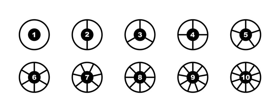 Set of pie chart vector icons. Segments on circle with 1 to 10 piece. Black round diagram. Divided circle on sections.