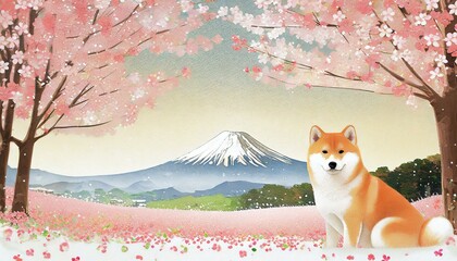 富士山と桜と柴犬 - obrazy, fototapety, plakaty