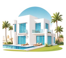 cartoon modern house with a pool and deck chairs