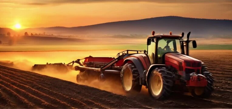 Modern tractor plowing field during harvest at sunset