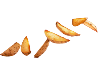 potato wedges levitating after being cut, showcasing the texture and golden-brown color.