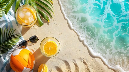 Top view of Beach volleyball, sunglasses, and a refreshing drink on a beach blanket with copy space...