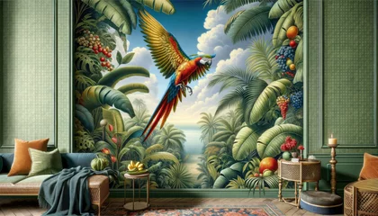 Gordijnen Wallpaper of tropical leaves in Lush Tropical Rainforest , old vintage drawing , landscape , Wall art , birds , Jungle , parrot , Macaws © MrJacki