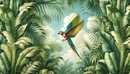 Fotobehang Wallpaper of tropical leaves in Lush Tropical Rainforest , old vintage drawing , landscape , Wall art , birds , Jungle , parrot , Macaws © MrJacki