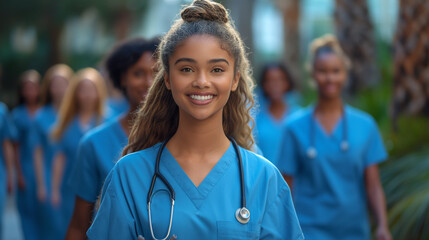 Zukunft des Gesundheitswesens: Junge Medizinstudentinnen in Uniform - obrazy, fototapety, plakaty