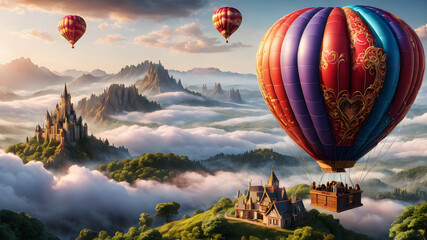 A colorful hot air balloon drifting through the clouds, decorated with heart-shaped patterns. The couple inside enjoys breathtaking views of landscapes and romantic skies