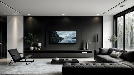 TV in modern living room with black wall, lights, plants and sofa