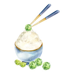 Asian vegan food watercolor illustration. Hand drawn ceramic blue bowl with green cabbage and chopsticks . Rice vegan bowl , brussels cabbage for menu restaurant, cafe design