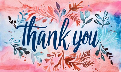 Thank you - beautiful calligraphy lettering on watercolor background with florals
