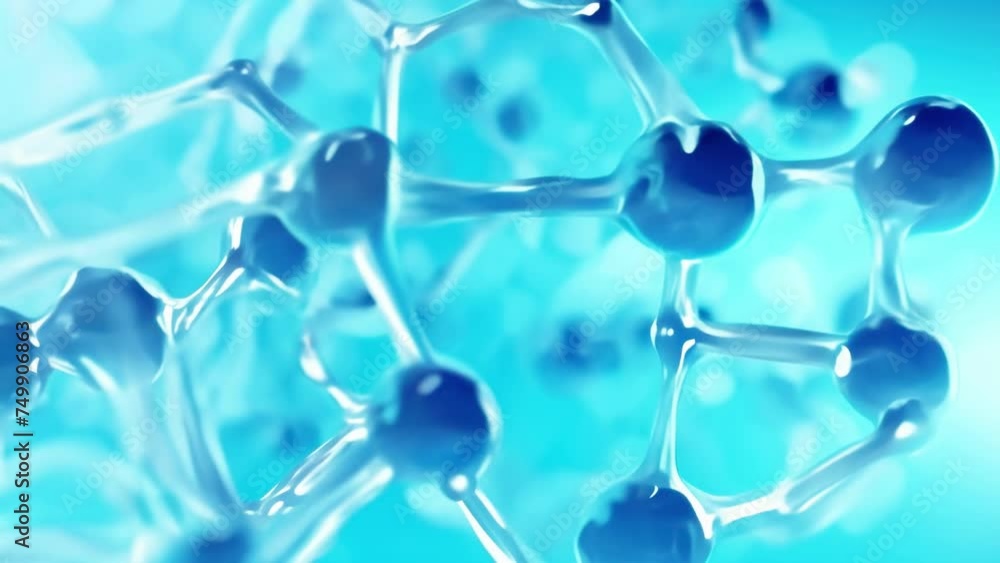 Poster molecular structure of water. blue water molecules. abstraction of atomic structures in a futuristic