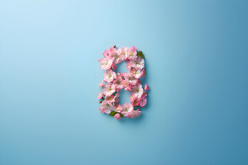Number eight made from spring pink flowers on a blue background. Concept template for holiday card, women's day, spring holidays with place for text