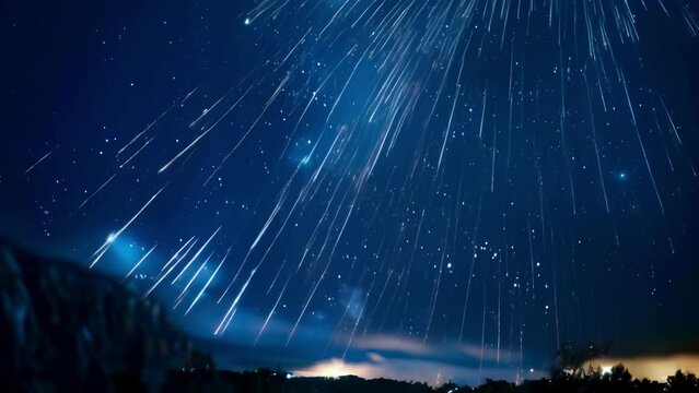 Meteor shower against the backdrop of a star-filled sky, capturing bright trails of shooting stars. Concept of astronomy, cosmos, space exploration, stargazing. Motion