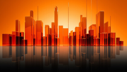 A cityscape with tall buildings and a bright sun in the sky