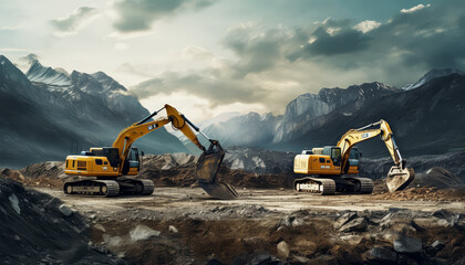 Three yellow construction vehicles are in a rocky area