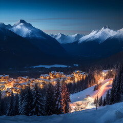 Twinkling Dusk at a Snowy British Columbia Ski Resort Amidst Majestic Mountain Ranges