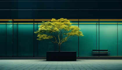 Foto op Plexiglas A large tree is in a glass planter in a room with a lot of glass windows © terra.incognita