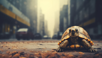 A turtle is laying on the ground in a city street