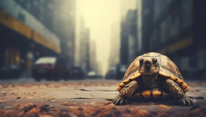 Fotobehang A turtle is laying on the ground in a city street © terra.incognita