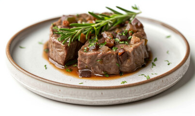 Chopped liver garnished with rosemary on a white ceramic plate. Studio food photography for culinary and recipe design