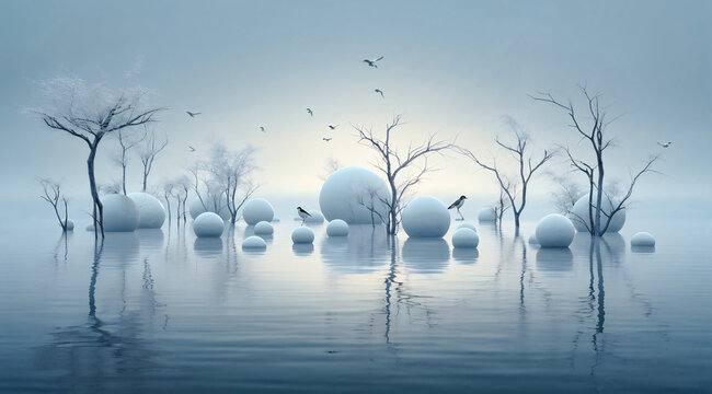 surreal abstract waterscape with spheres wallpaper background poster cover card © Korea Saii