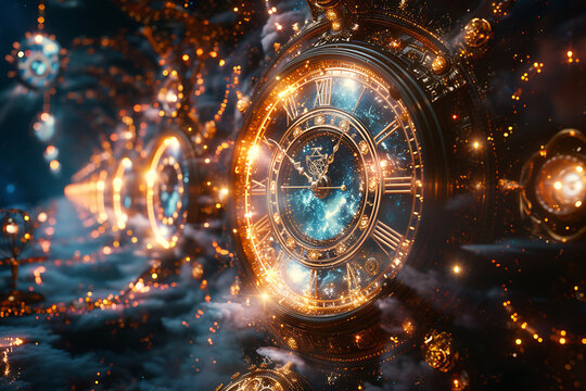 concept of time and clock ,The universe intertwined several timelines, a multiverse in creative style , a multiverse