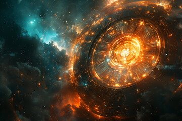 concept of time and clock ,The universe intertwined several timelines, a multiverse in creative style , a multiverse