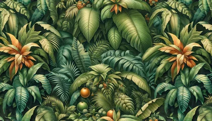 Selbstklebende Fototapeten Wallpaper of tropical leaves in Lush Tropical Rainforest , old vintage drawing , landscape , Wall art , birds , Jungle , parrot , Macaws © MrJacki