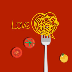 Love pasta background with hearts. Cooking, restaurant design element.