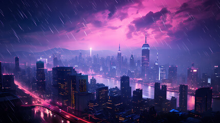 Vibrant cityscape with towering skyscrapers glowing with neon lights under the sunset sky