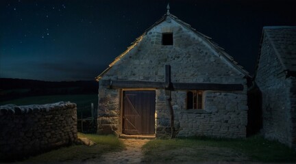 A medieval farm with a door and windows. Fantasy medieval background. The concept of medieval history, life and culture