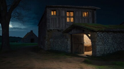 Fototapeta na wymiar A medieval farm with a door and windows. Fantasy medieval background. The concept of medieval history, life and culture