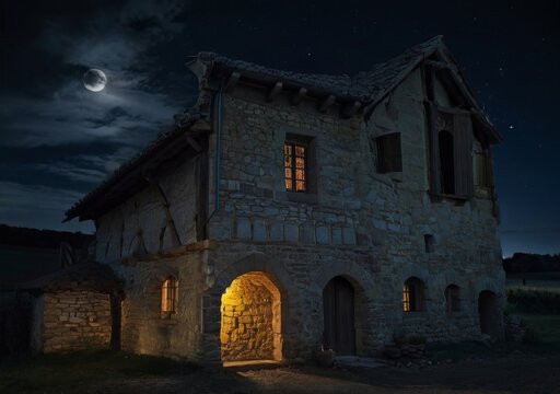 A medieval farm with a door and windows. Fantasy medieval background. The concept of medieval history, life and culture