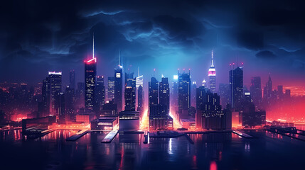 Panoramic night view of bustling city skyline and skyscrapers