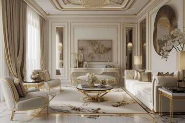 Elegant White and Gold Living Room: A Contemporary, Opulent Haven of Chic Furniture and Minimalist Design