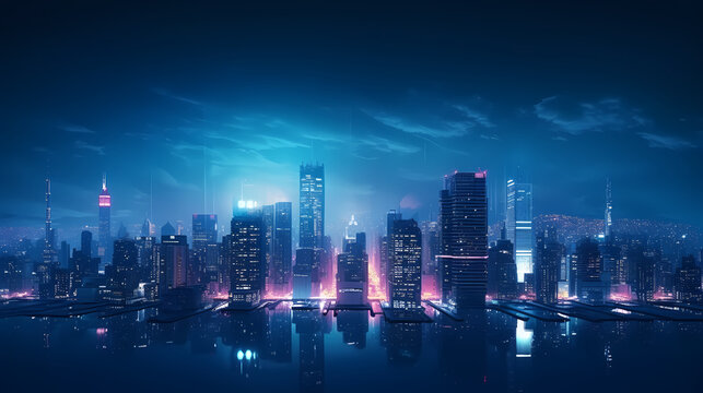Panoramic night view of bustling city skyline and skyscrapers